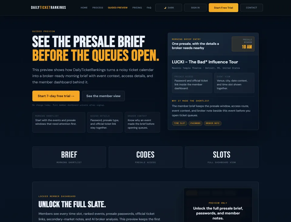DailyTicketRankings Guided Preview showing a presale brief with event timing, access information, and broker notes.