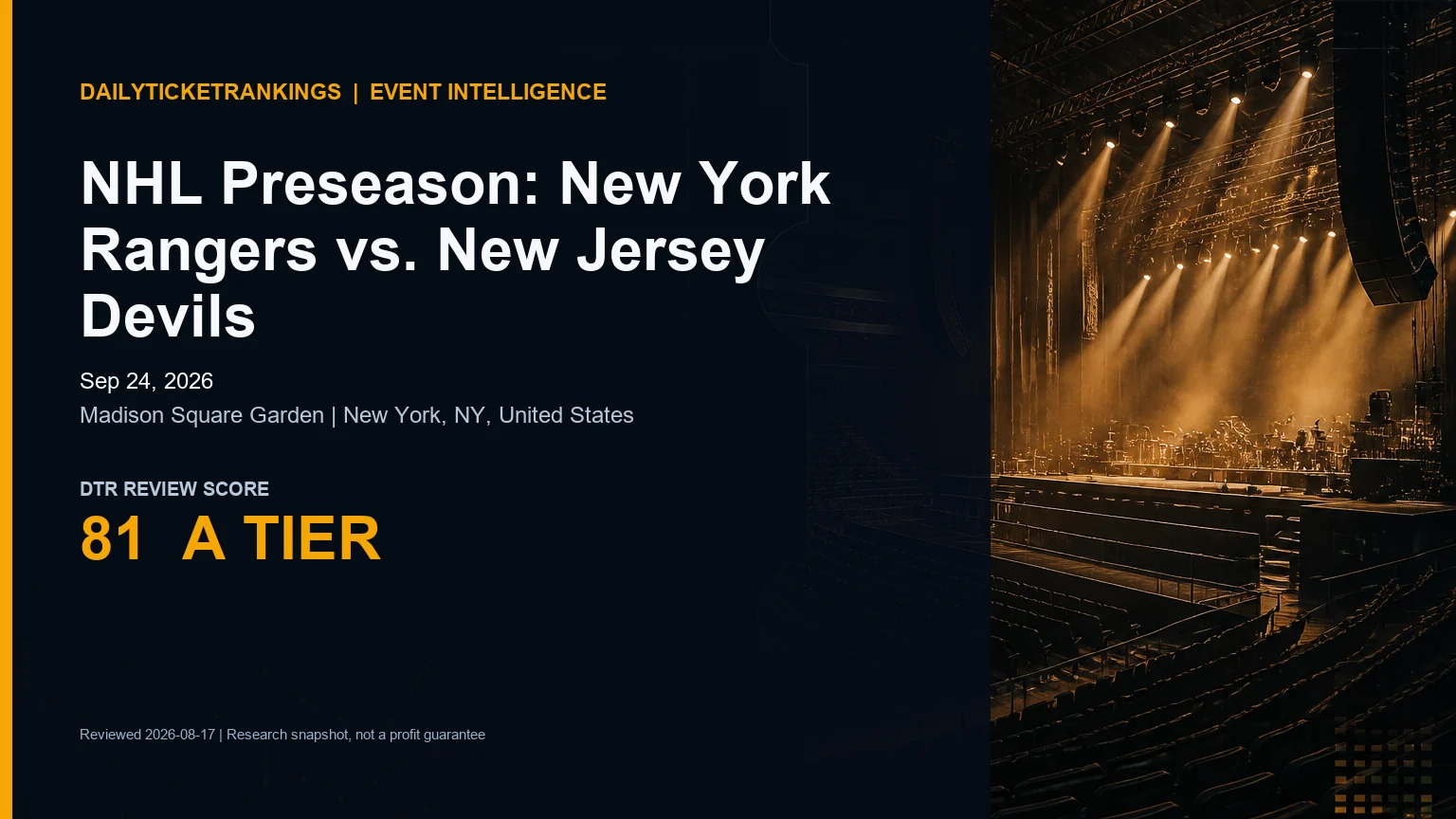 DTR event intelligence card for NHL Preseason: New York Rangers vs. New Jersey Devils at Madison Square Garden on Sep 24, 2026